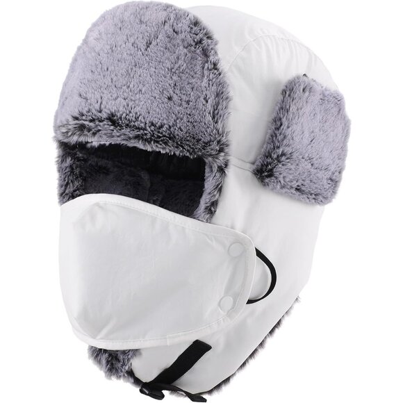Men White Faux Fur Trapper Hat with Face Mask Winter Trooper Hunting Hat